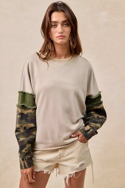 BiBi Camo Sleeve French Terry Top with Frayed Edge - Trendsi - Flyclothing LLC