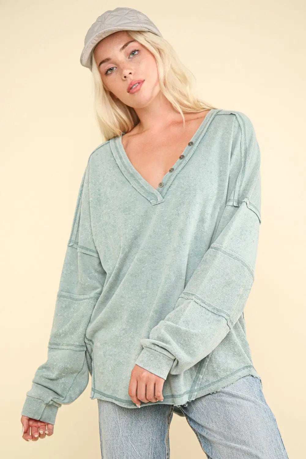 VERY J Washed V-Neck Exposed Seam Knit Top - Trendsi - Flyclothing LLC