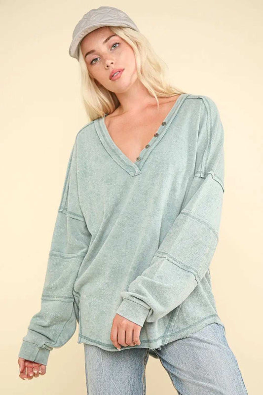 VERY J Washed V-Neck Exposed Seam Knit Top - Trendsi - Flyclothing LLC