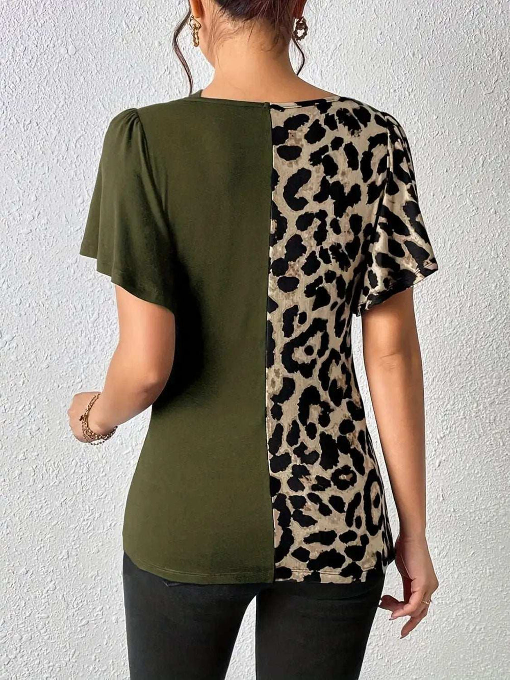 Ruched Leopard Flutter Sleeve T-Shirt - Trendsi - Flyclothing LLC