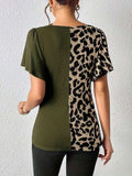Ruched Leopard Flutter Sleeve T-Shirt - Trendsi - Flyclothing LLC