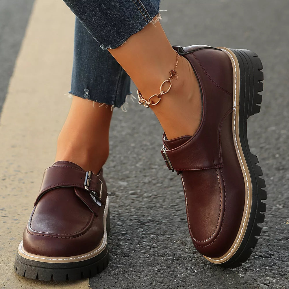 Buckle Accent Chunky Platform Loafers - Trendsi - Flyclothing LLC