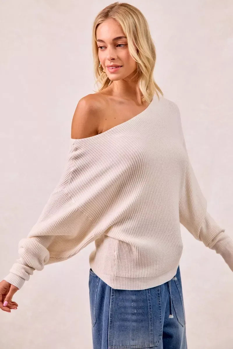 BiBi Waffle Knit Off Shoulder Top - Trendsi - Flyclothing LLC