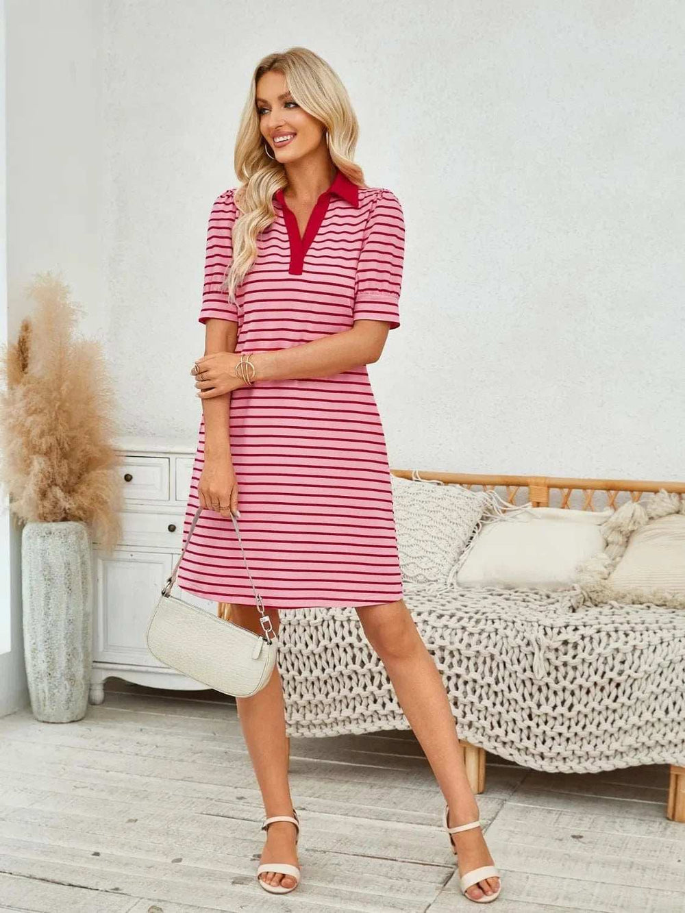 Contrast Striped Short Sleeve Mini Dress - Trendsi - Flyclothing LLC