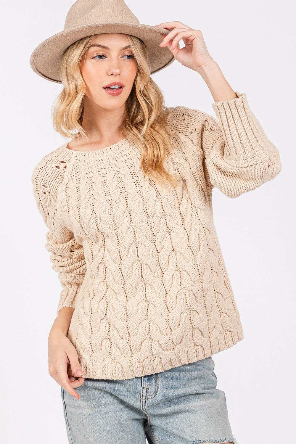 SAGE + FIG Cable-Knit Long Sleeve Sweater - Trendsi - Flyclothing LLC