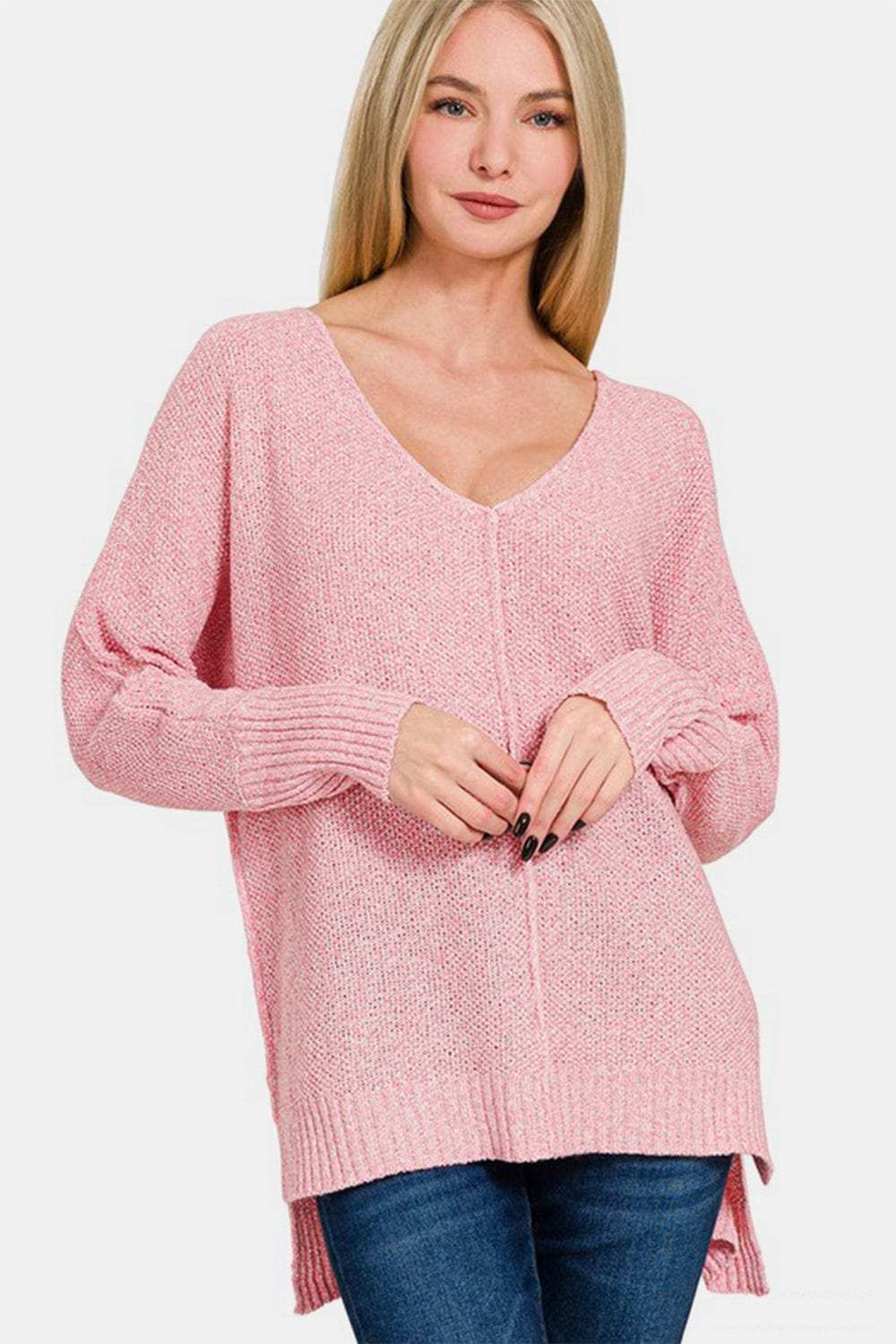 Zenana High-Low Center Seam V-Neck Sweater - Trendsi - Flyclothing LLC