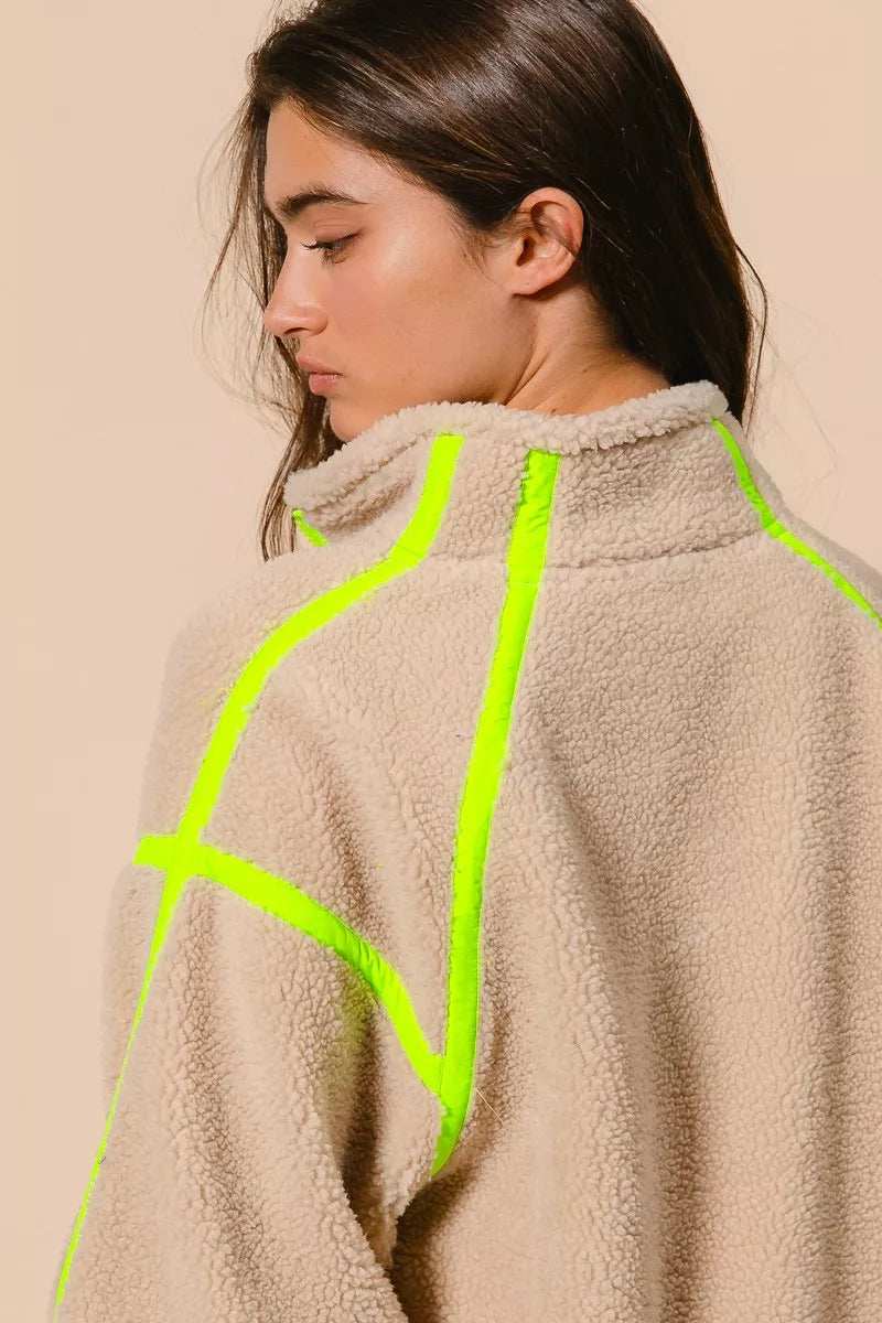 BiBi Contrast Edge Half Zip Up Sherpa Jacket - Trendsi - Flyclothing LLC
