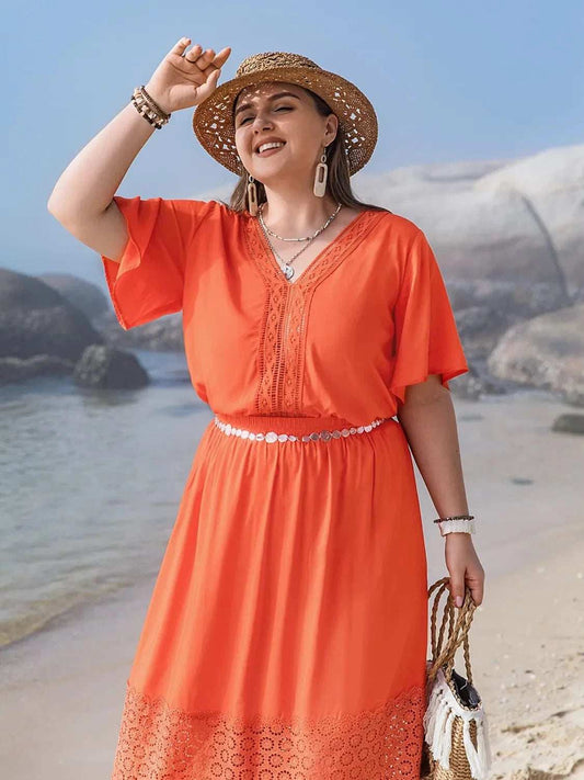 Plus Size V-Neck Flutter Sleeve Maxi Dress - Trendsi - Flyclothing LLC