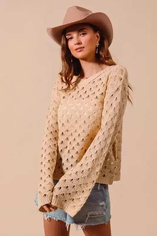 SO ME Geometric Pattern Open Knit Lightweight Sweater - Trendsi - Flyclothing LLC