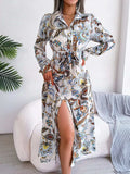 Tied Printed Long Sleeve Midi Dress - Trendsi - Flyclothing LLC