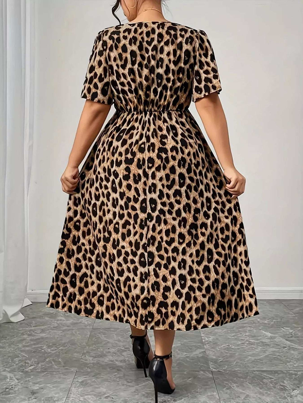 Plus Size Twisted Front Leopard Short Sleeve Dress - Trendsi - Flyclothing LLC