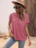 Half Button Hooded Short Sleeve Blouse - Trendsi - Flyclothing LLC