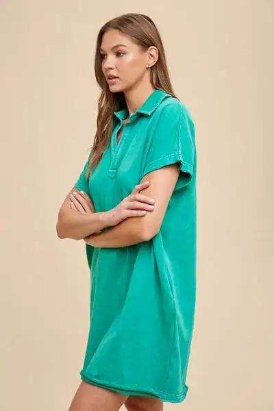 Annie Wear Mineral Washed Johnny Collar Short Sleeve Dress - Trendsi - Flyclothing LLC