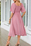 Smocked Tie Front Flutter Sleeve Midi Dress - Trendsi - Flyclothing LLC