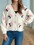 Flower Button Down V-Neck Long Sleeve Cardigan - Trendsi - Flyclothing LLC