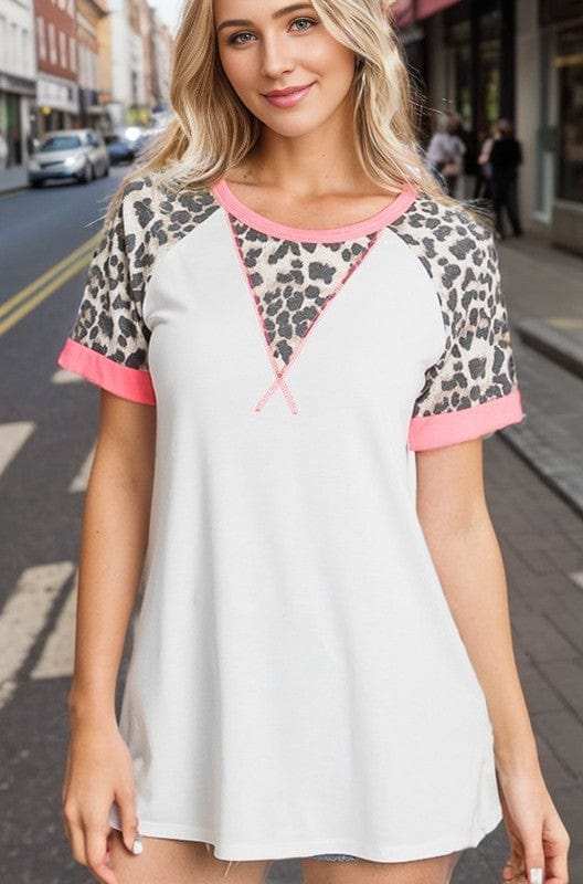 HeimishFull Size Leopard Round Neck Short Sleeve T-Shirt with Stitch Plus Size - Trendsi - Flyclothing LLC
