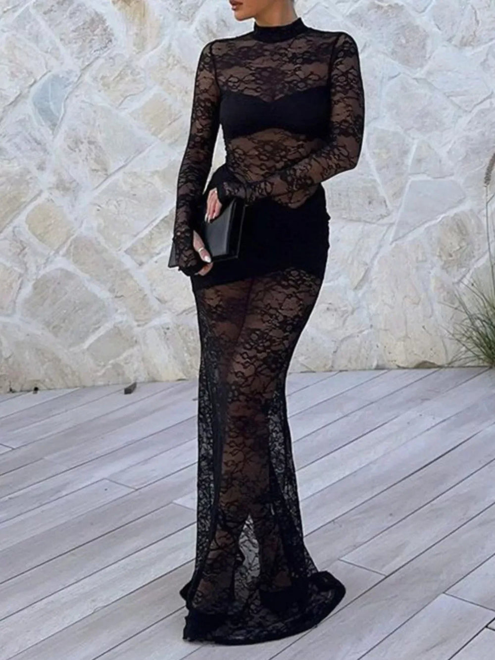 Lace Sheer Mock Neck Long Sleeve Maxi Dress - Trendsi - Flyclothing LLC