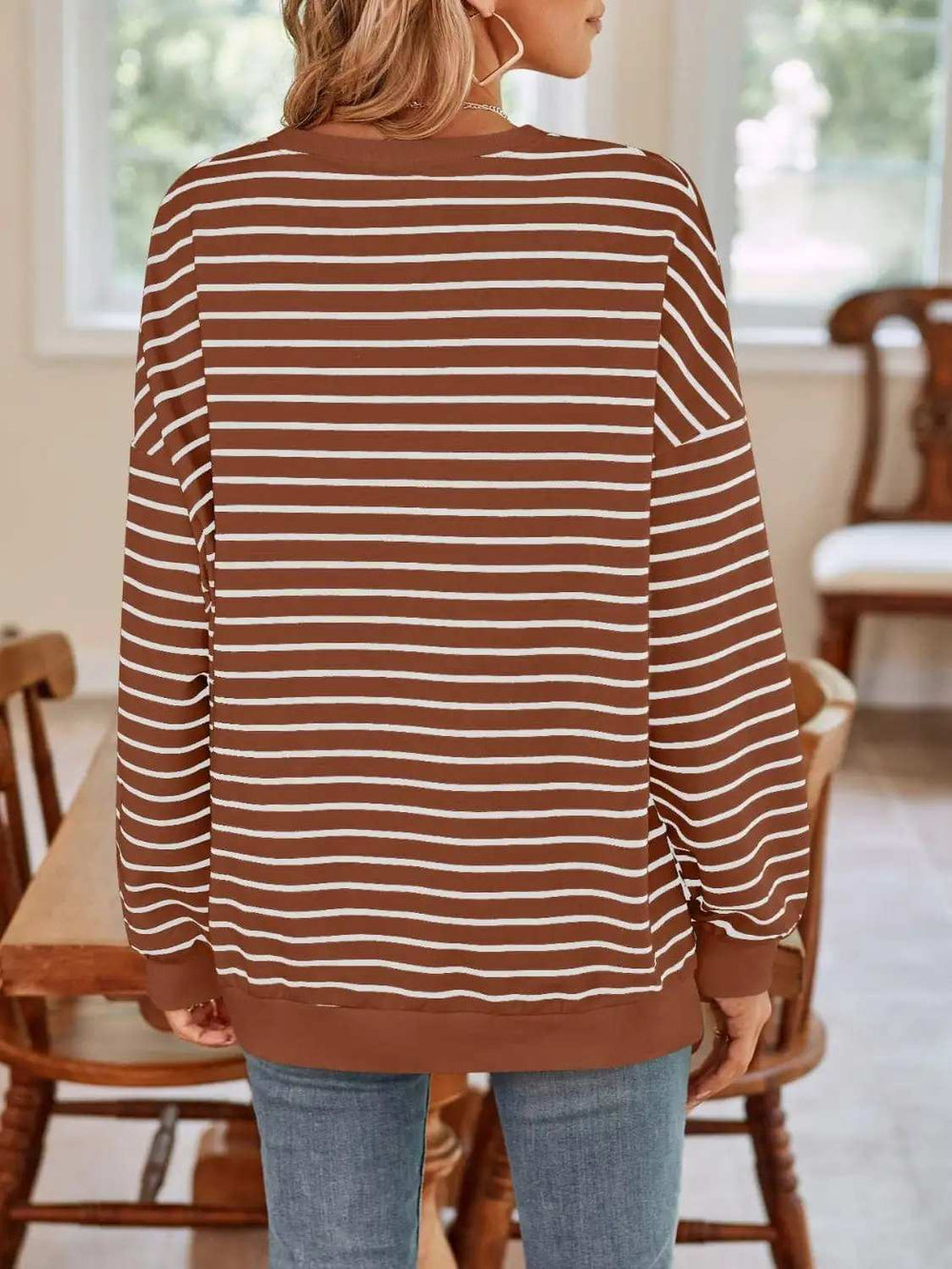 Striped Round Neck Long Sleeve Sweatshirt - Trendsi - Flyclothing LLC