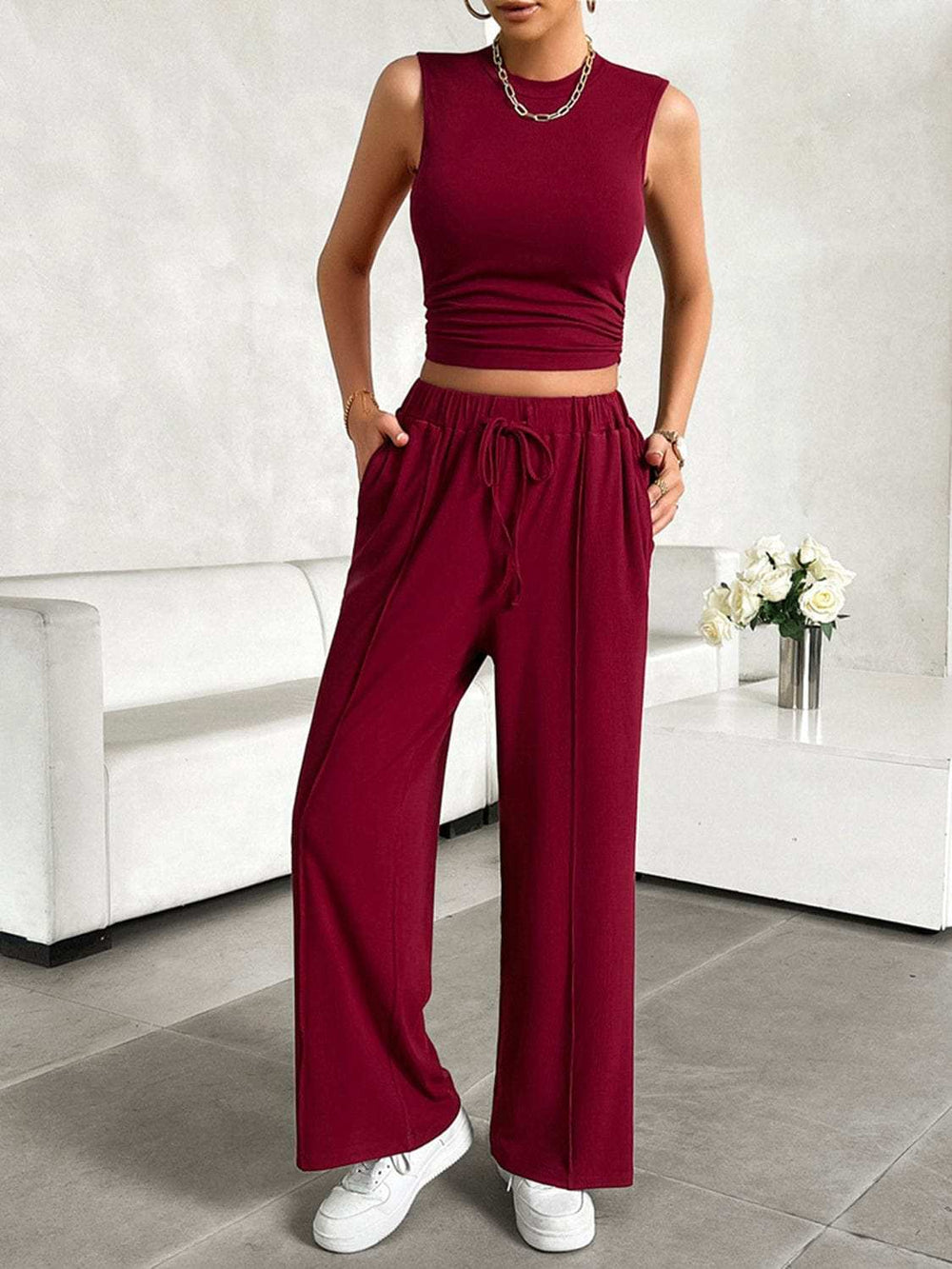 Mock Neck Sleeveless Top and Drawstring Pants Set - Trendsi - Flyclothing LLC