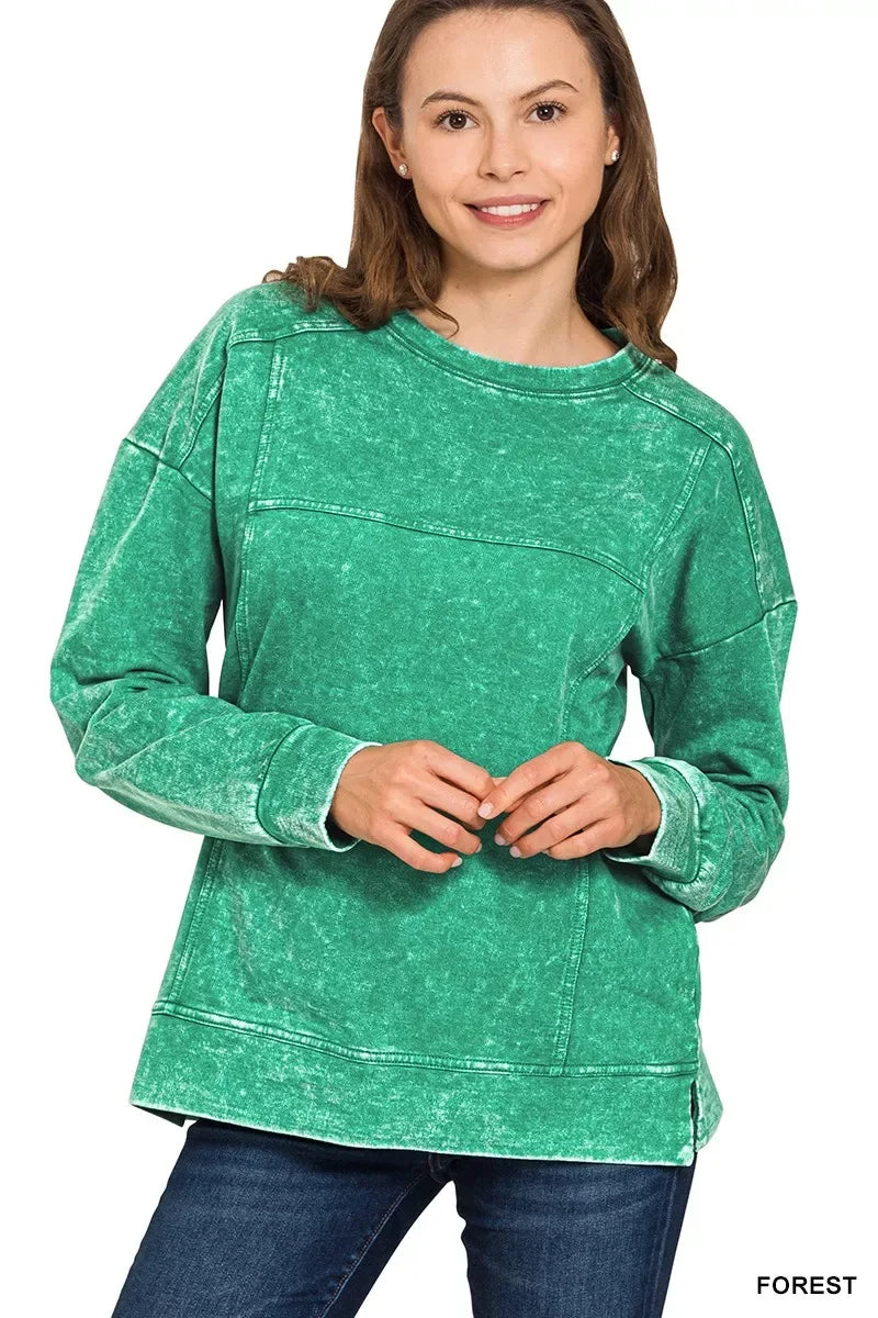 Zenana Acid Wash French Terry Exposed-Seam Pullover - Trendsi - Flyclothing LLC