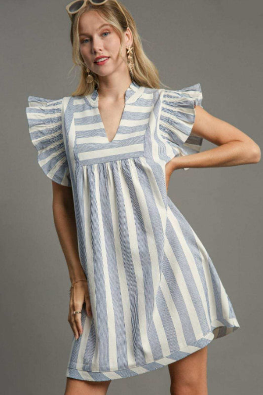 Umgee Full Size Striped Notched Ruffled Cap Sleeve Mini Dress Plus Size - Trendsi - Flyclothing LLC