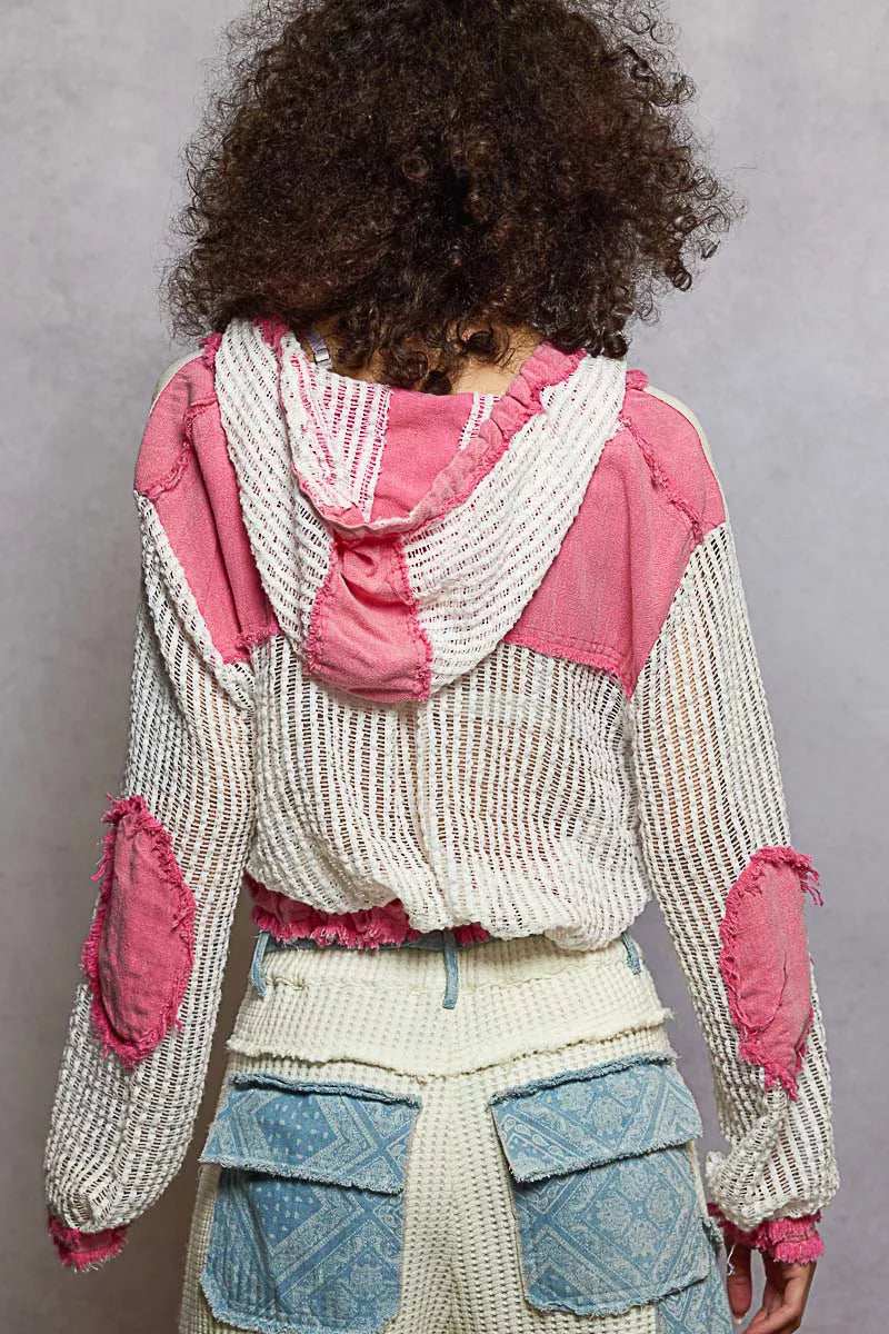 POL Texture Woven Button Down Hooded Shirt with Drawstring Hem - Trendsi - Flyclothing LLC