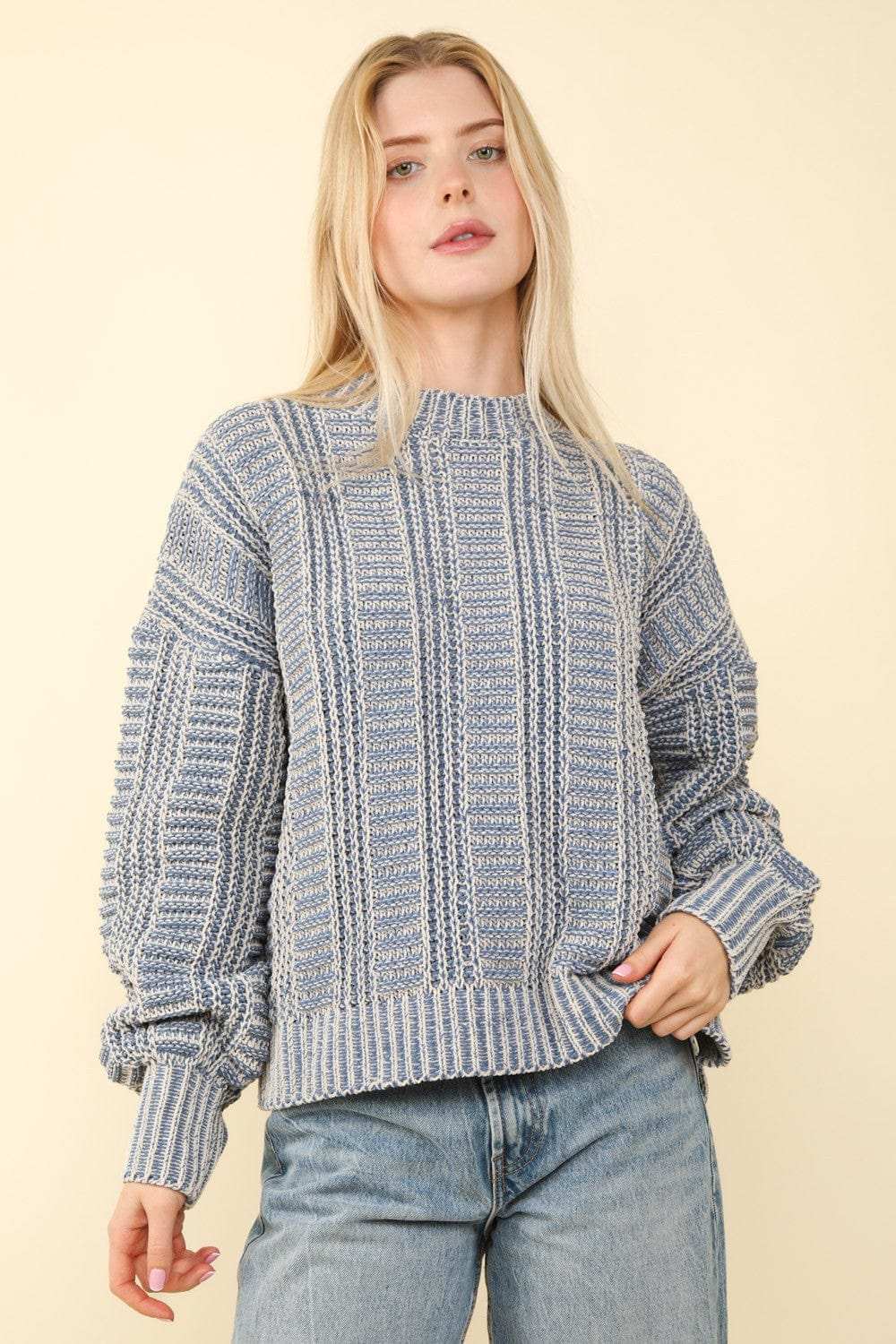 VERY J Two Tone Long Sleeve Sweater - Trendsi - Flyclothing LLC