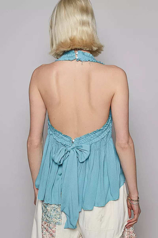 POL Backless Halter Sleeveless Top with Smocking Shirring Detail - Trendsi - Flyclothing LLC