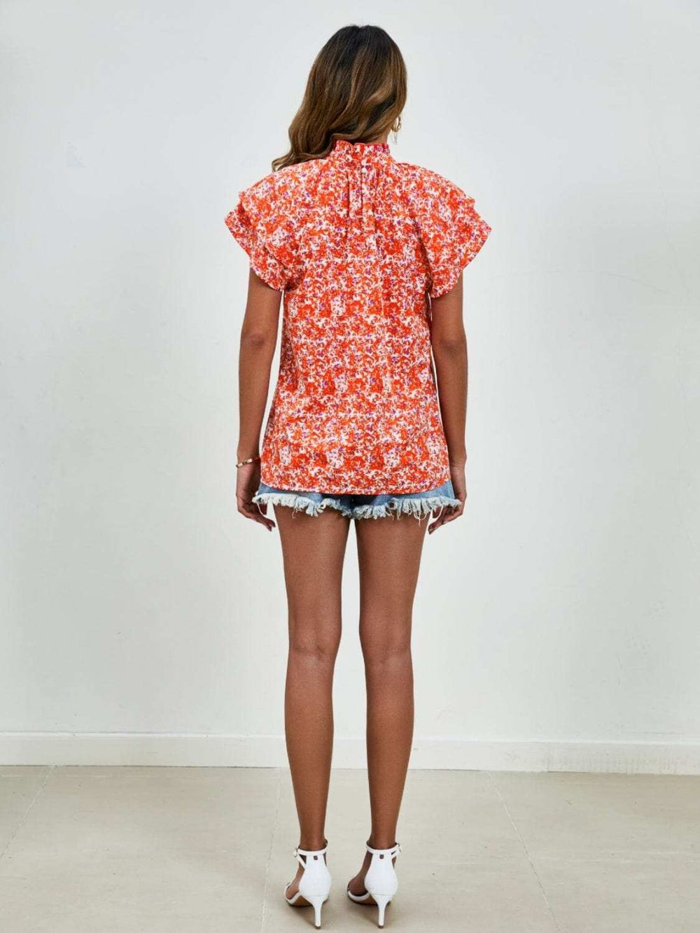 Ditsy Floral Mock Neck Flounce Sleeve Blouse - Trendsi - Flyclothing LLC