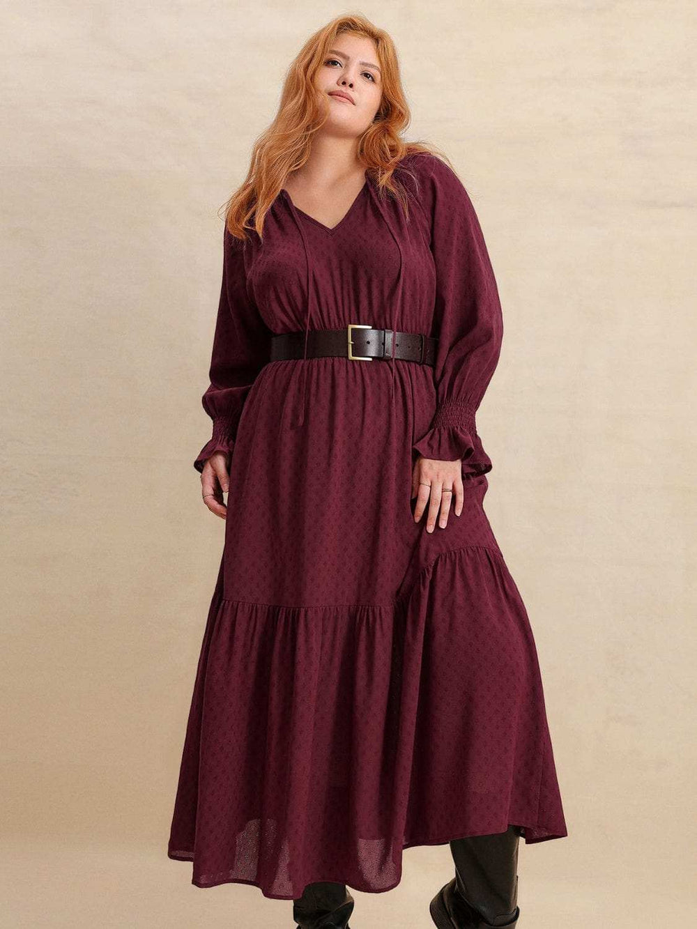 Plus Size Swiss Dot Tie Neck Flounce Sleeve Maxi Dress - Trendsi - Flyclothing LLC