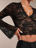 V-Neck Flare Sleeve Lace Top - Trendsi - Flyclothing LLC