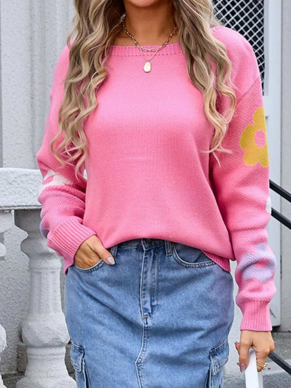 Angel Wings Flower Round Neck Dropped Shoulder Sweater - Trendsi - Flyclothing LLC