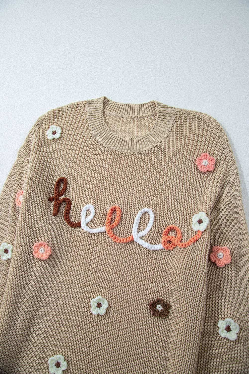 HELLO Flower Round Neck Long Sleeve Sweater - Trendsi - Flyclothing LLC