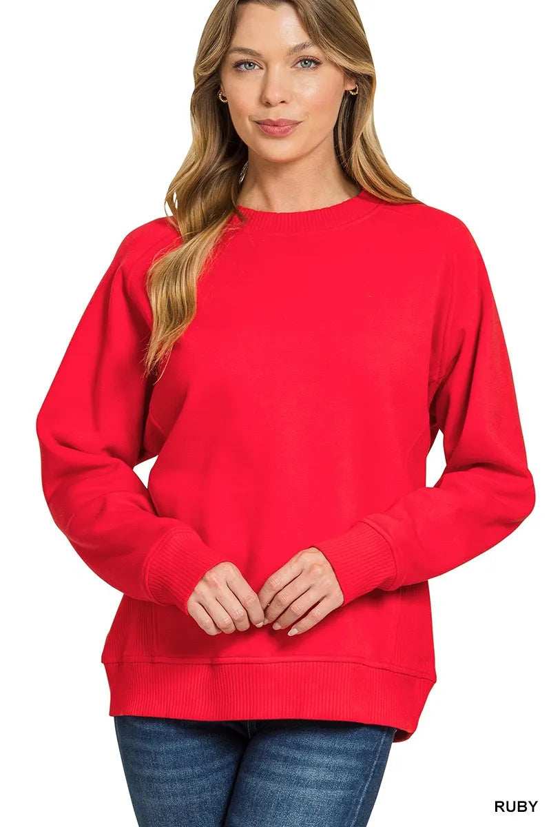 Zenana Fleece Round Neck Ribbed Side Raglan Sweatshirt - Trendsi - Flyclothing LLC