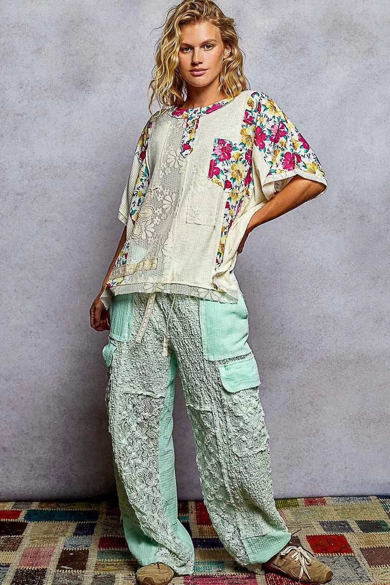 POL Lace Round Neck Short Sleeve Floral Pattern Top with Patch Detail - Trendsi - Flyclothing LLC
