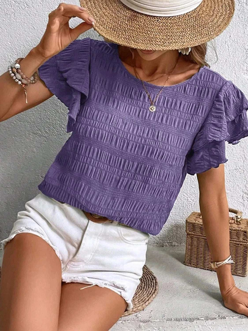 Round Neck Ruffled Short Sleeve Top - Trendsi - Flyclothing LLC