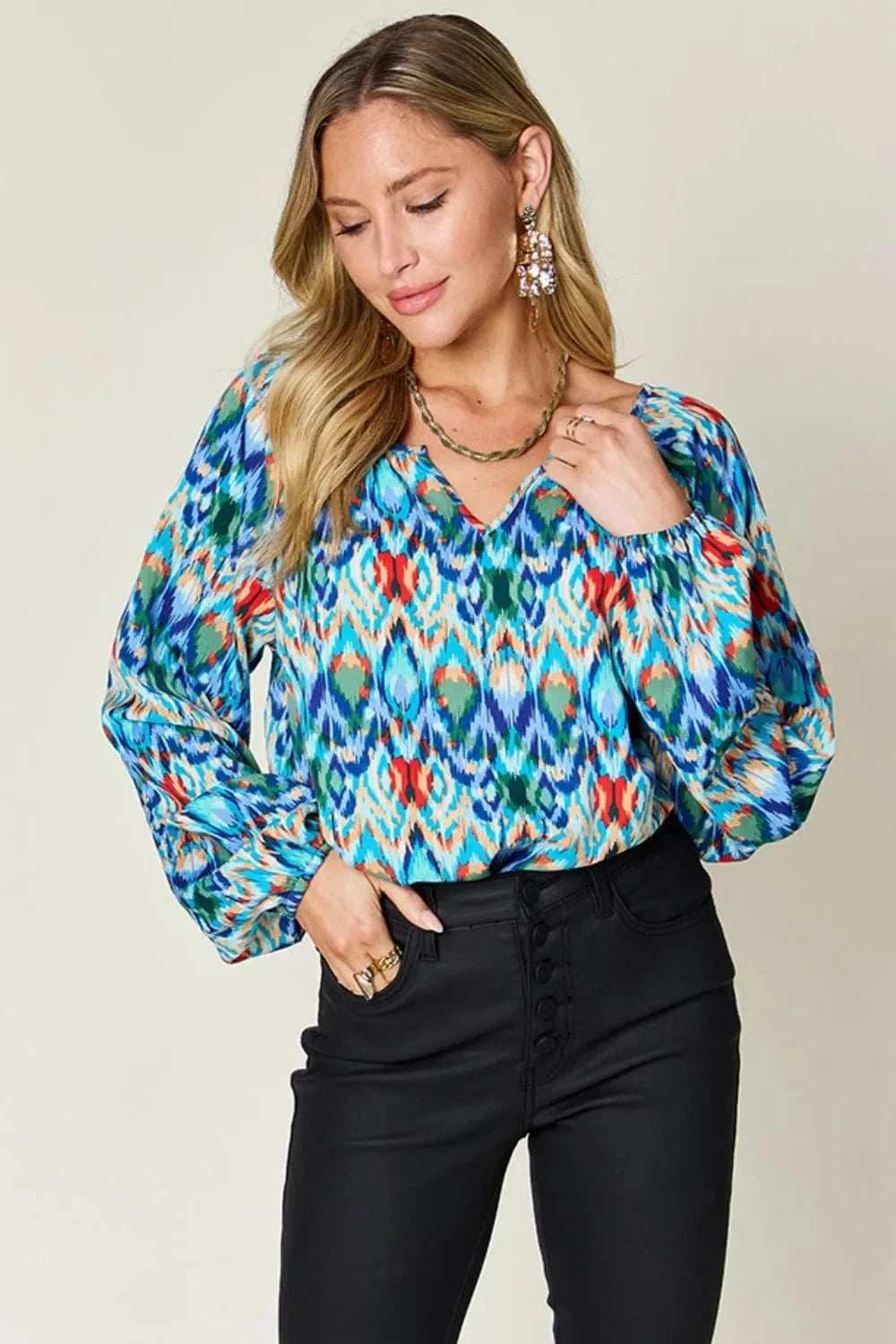 Double Take Full Size Printed Balloon Sleeve Blouse - Trendsi - Flyclothing LLC