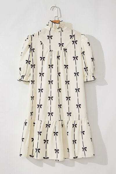 Frill Bow Print Notched Short Sleeve Mini Dress - Trendsi - Flyclothing LLC