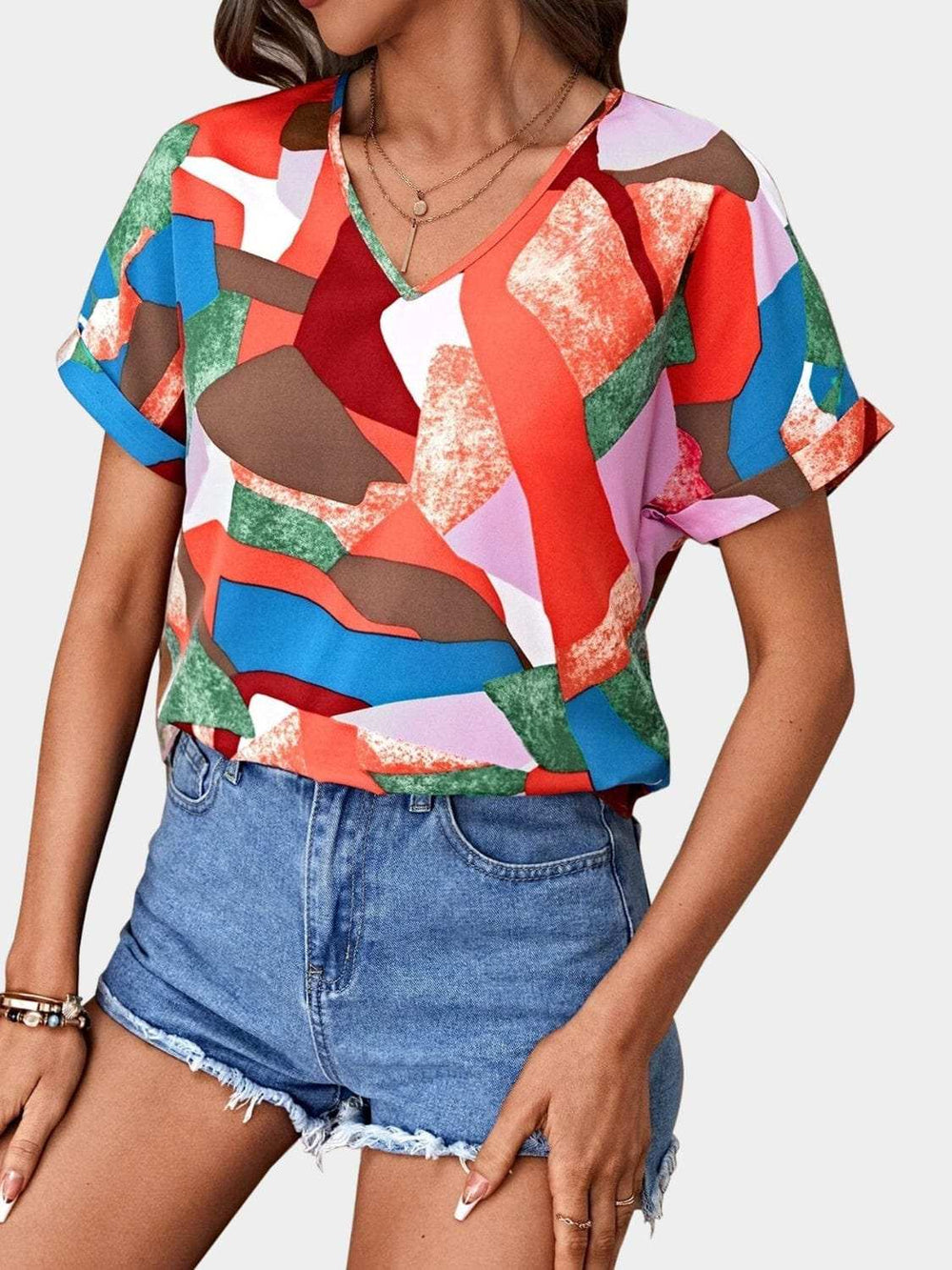 Printed V-Neck Short Sleeve Blouse - Trendsi - Flyclothing LLC