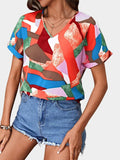 Printed V-Neck Short Sleeve Blouse - Trendsi - Flyclothing LLC