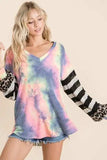 BiBi Tie Dye V Neck Top with Stripe Puff Sleeves - Trendsi - Flyclothing LLC