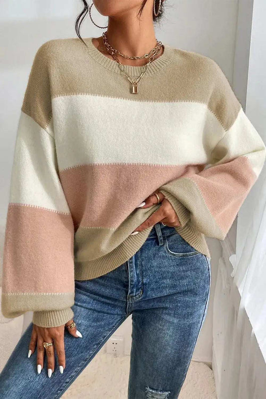 Color Block Round Neck Lantern Sleeve Sweater - Trendsi - Flyclothing LLC