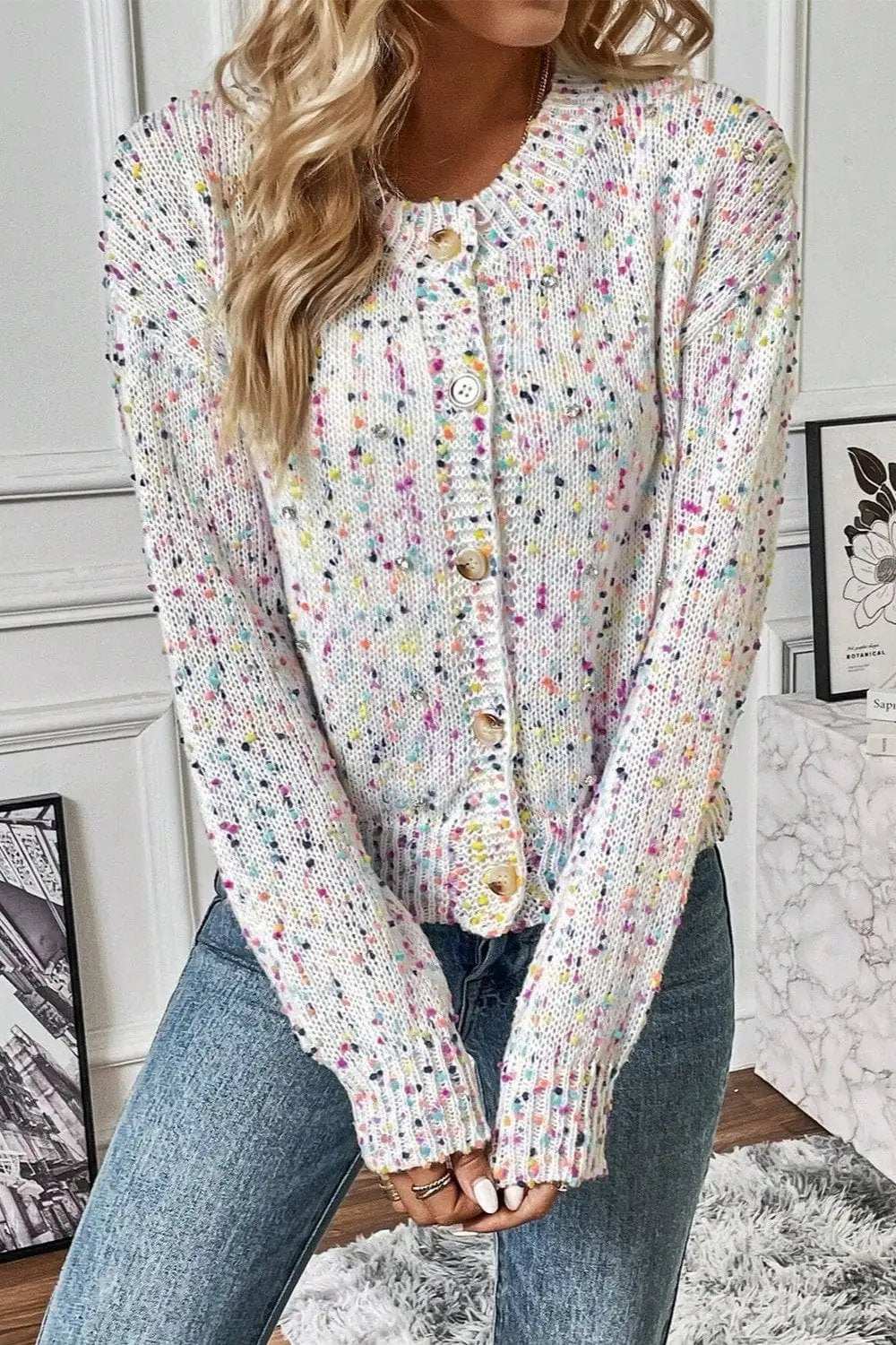 Confetti Button Up Long Sleeve Cardigan - Trendsi - Flyclothing LLC