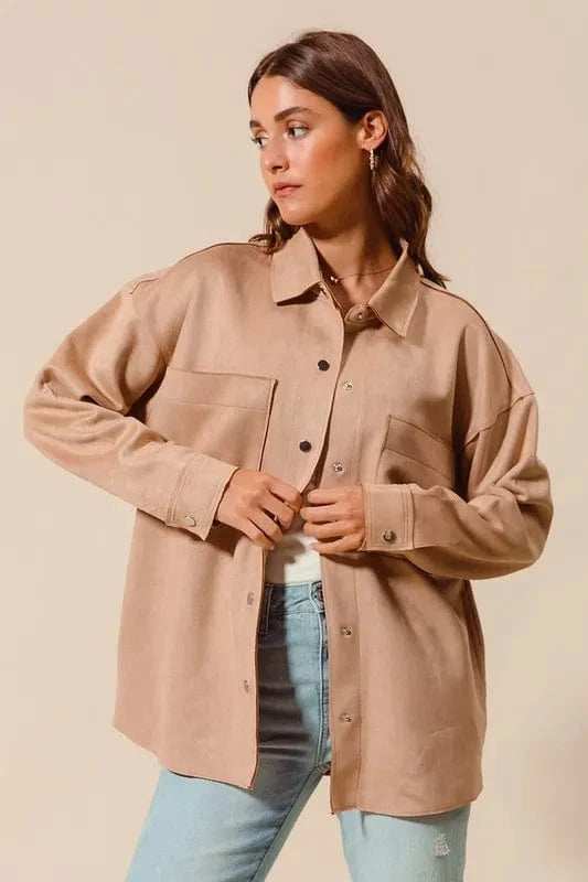 SO ME Faux Sued Snap Shacket with Collar and Pockets - Trendsi - Flyclothing LLC
