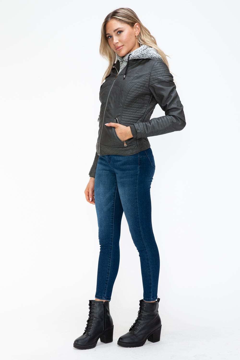 YMI Faux Layered Double-Zipper Jacket with Fuzzy Hood - Trendsi - Flyclothing LLC