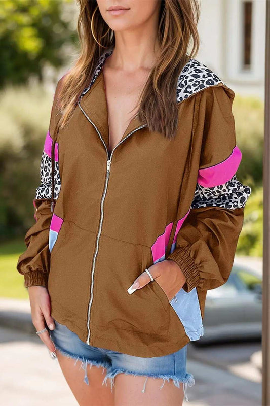 Leopard Zip Up Long Sleeve Hooded Jacket - Trendsi - Flyclothing LLC