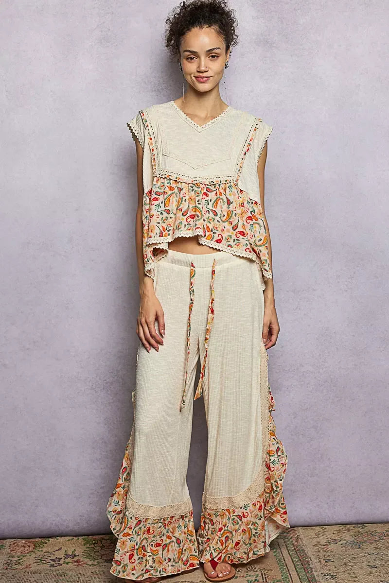 POL Lace Detail Floral Cropped Ruffled Top - Trendsi - Flyclothing LLC