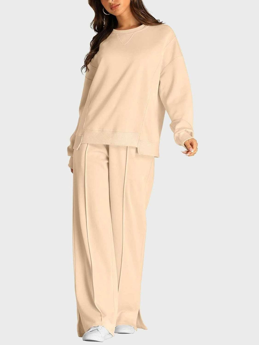 Round Neck Long Sleeve Top and Slit Pants Set - Trendsi - Flyclothing LLC