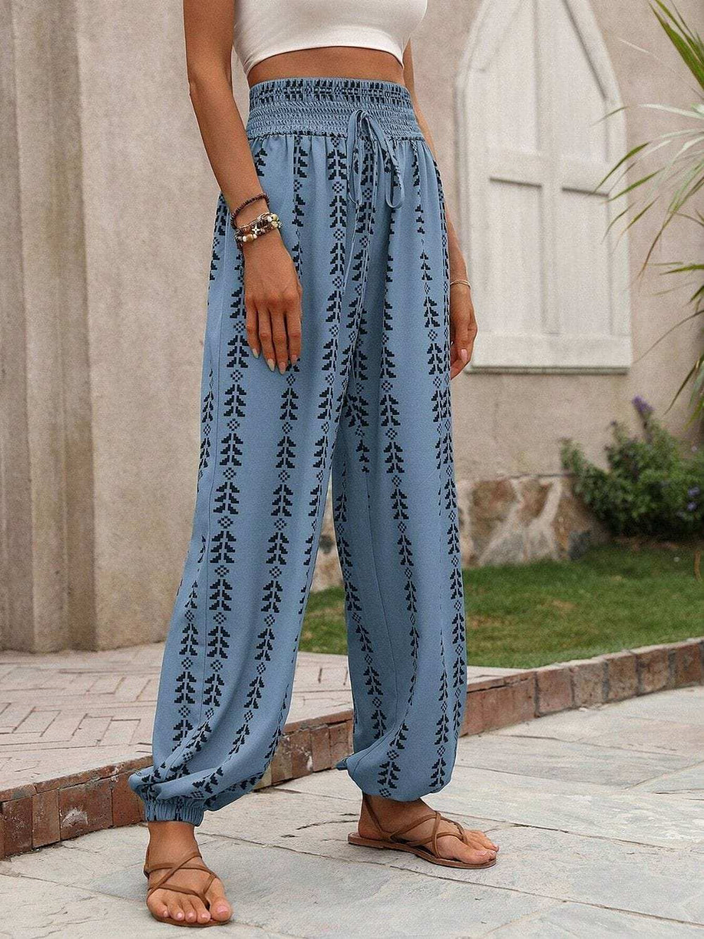 Tied Printed High Waist Pants - Trendsi - Flyclothing LLC