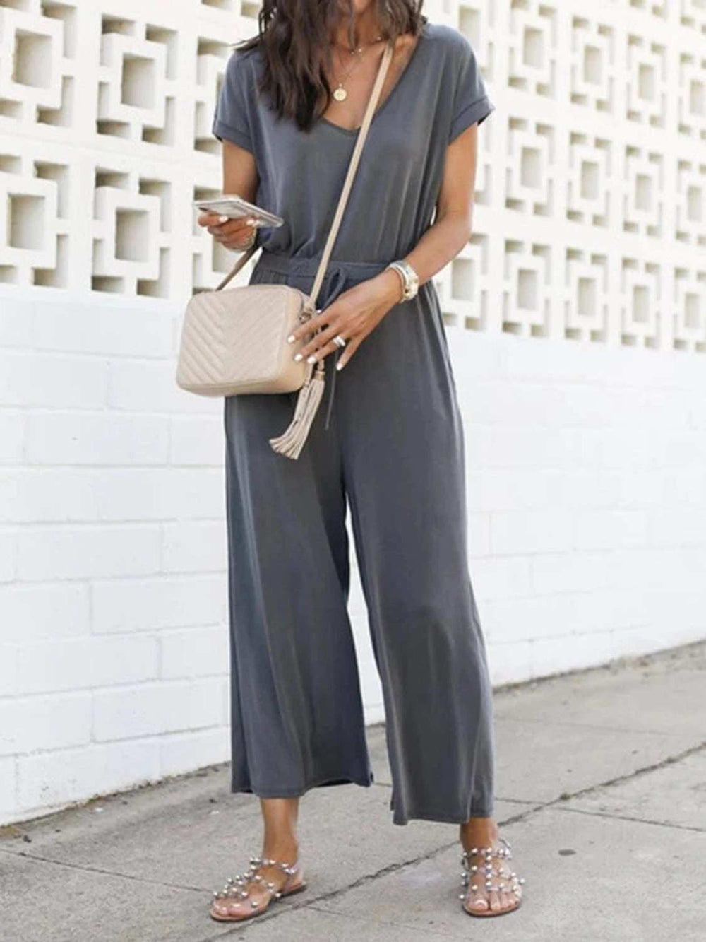 V-Neck Short Sleeve Jumpsuit - Trendsi - Flyclothing LLC